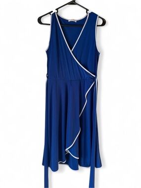 Calvin Klein Blue Wrap Dress White Trim Sleeveless Stretch Knee Length